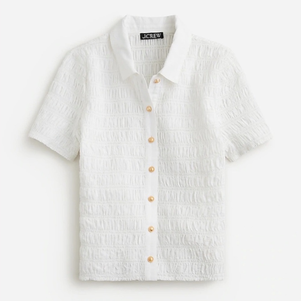 J. Crew Top Smocked button-up shirt in cotton-blend voile / white / Sz. L - Picture 8 of 12